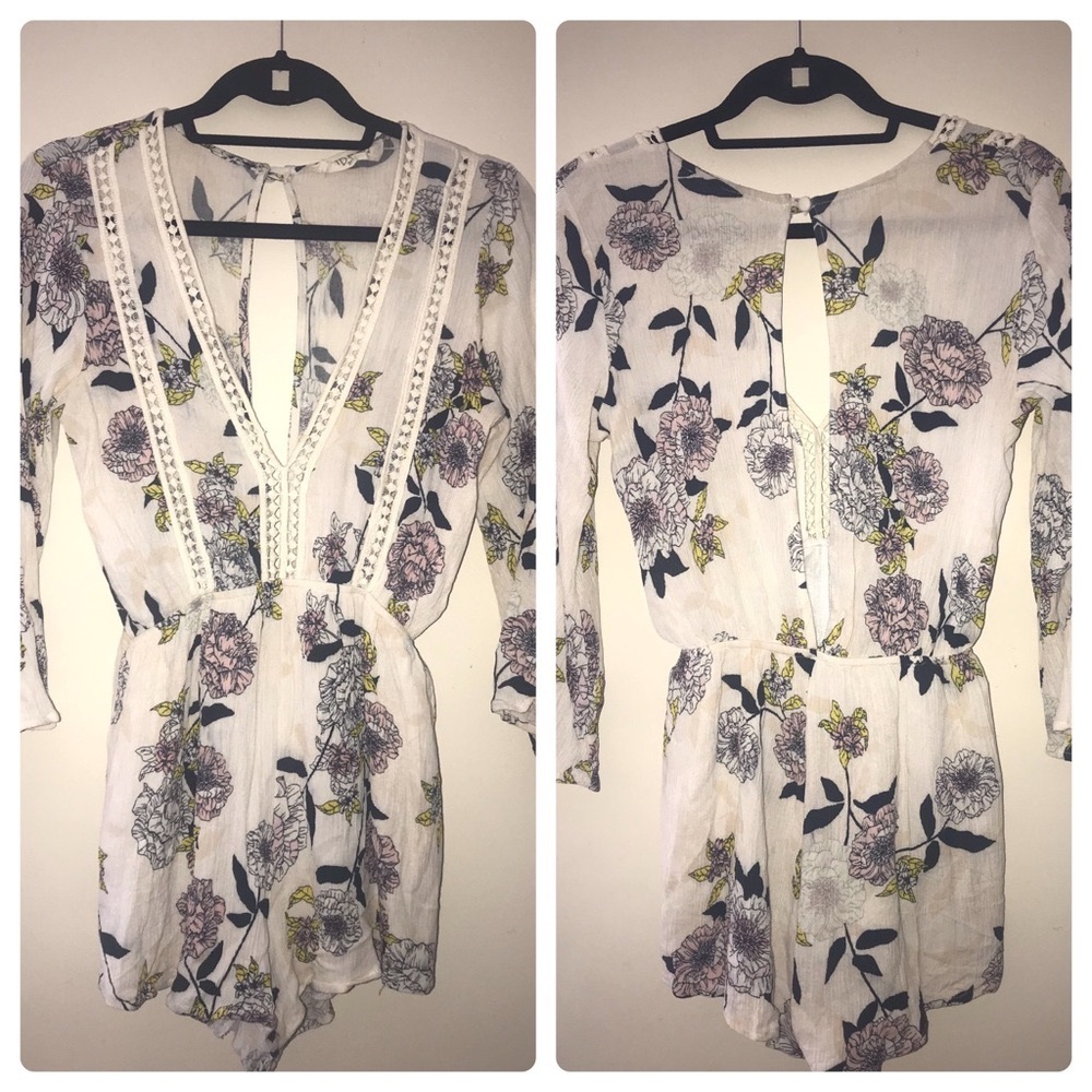 Cream Flower Print Romper with Crochet Detail